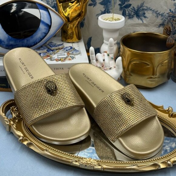 🆕 KURT GEIGER LONDON 🧿 NWOB Meena Eagle Gold Crystal Studded Slide, Sz US 7.5 - Picture 3 of 12